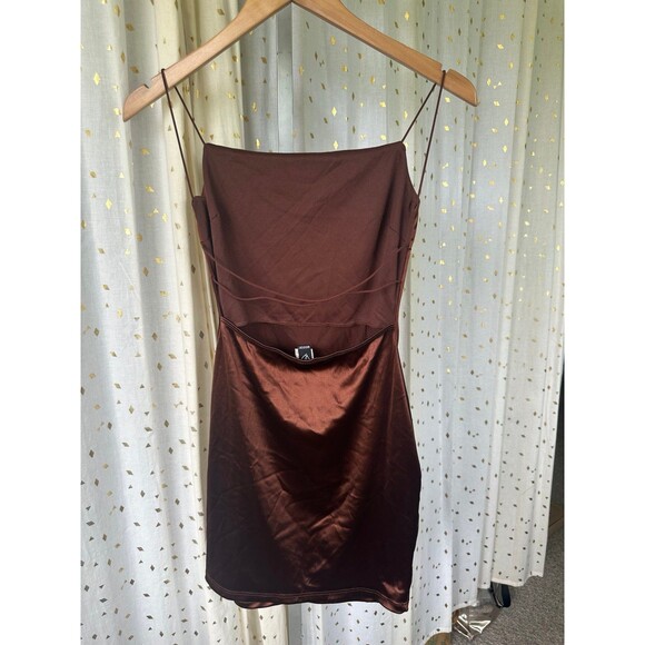 Windsor Sultry Strappy Stretch Cord Open Back Satin Brown Bodycon Mini Dress M - Picture 5 of 8